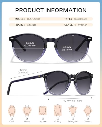 DUCO Women's Trendy Retro Round Acetate Polarized Sunglasses, UV400 99% Glare Block, Lightweight for Daily & Outdoor - color: 5. Dark Blue Frame Blue Lens