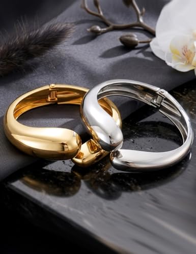 Chunky Gold Bangle Bracelets for Women, Dainty 14k Gold Plated Big Stackable Bangles Set, Trendy Statement Cuff Bracelet Stack Summer Beach Jewelry Gifts - style: 2 Gold & silver bangles