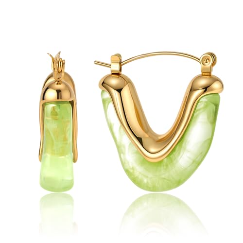 Fullpop Vintage Earrings for Women, Chunky 14K Gold Plated Resin Hoop Earrings Lightweight Hollow Drop Earrings Hypoallergenic Earrings for Women Vintage Anthropologie Jewelry Gifts for Women - size: V Shape Green