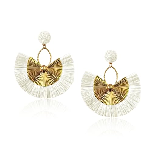 Anmpab Straw Fan Bohemian Tassel Earrings for Women Trendy Colorful Fringe Summer Beach Statement Earrings - color: White