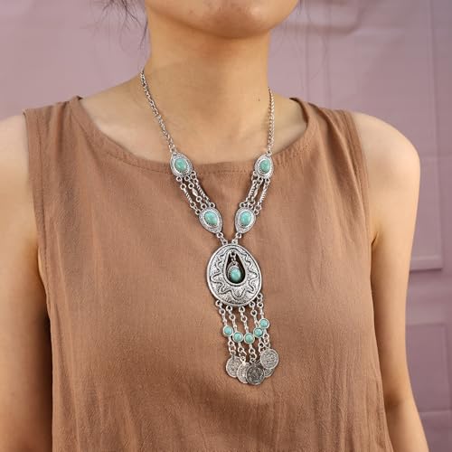 Bethynas Bohemian Ethnic Tribal Chunky Necklace Multilayer Long Tassel Turquoise Statement Neck Chain Retro Coin Gemstone Exaggerated Costume Accessories for Women - color: F-Blue