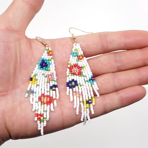 Flower Black Beaded Long Tassel Western Native American Earrings For Women Dangling - color: white