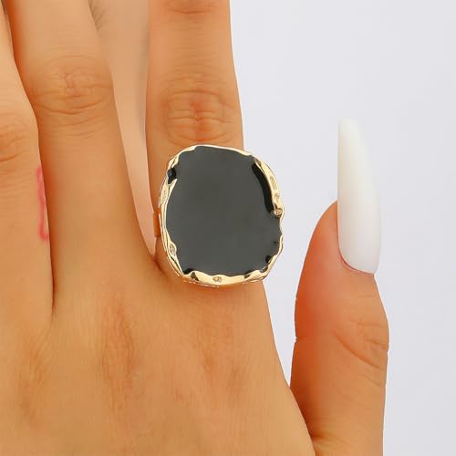 Chunky Gold and Black Two-tone Enamel Drip Band Rings Set for Women, Vintage Statement Large Crystal CZ Ring Big Party Prom Jewelry Gift Accessories - color: Black 2