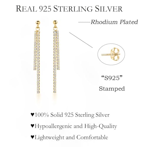 SLUYNZ 925 Sterling Silver Simulated Diamond Drop Earrings Linear Dangle Earrings for Women Teens Eelgant Wedding Bridal Prom Earrings Dainty CZ Long Dangling Earrings Tassel 4.5 cm/7.5 cm - color: B-Yellow-4.5cm