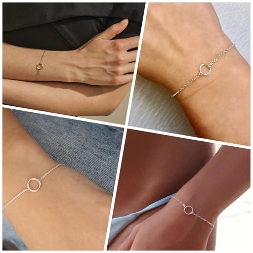 NOKMIT Solid 925 Sterling Silver Bracelets for Women, Dainty Interlocking Circles Cubic Zirconia Adjustable Chain Bracelet, Trendy Stackable Link Bracelets, Simple Cute Jewelry Gifts - color: Silver Karma Circle