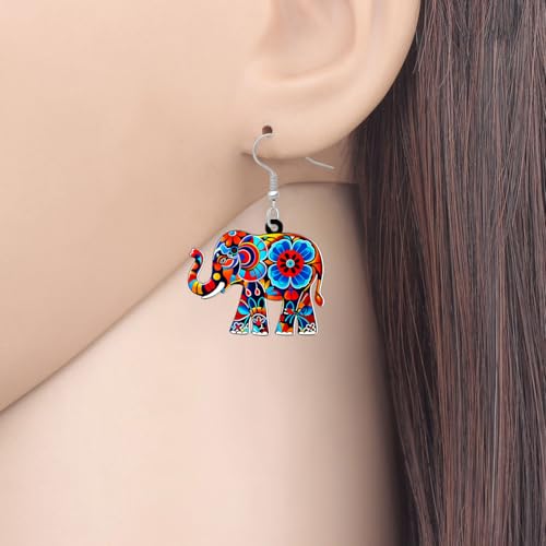 BONSNY Colorful Acrylic Elephant Dangle Earrings Bohemian Tribal Floral Design Boho Jewelry Gifts for Women Funny Novelty Hypoallergenic Spring Summer Gifts Accessories - color: Colorful