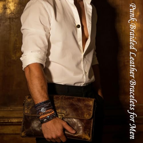 Punk Braided Leather Bracelets for Men Women Gothic Wood Beaded Tribal Wrap Wristband Grunge Emo Multilayer Adjustable Mens Bracelet in Black Brown Fathers Day Gift - color: Tree