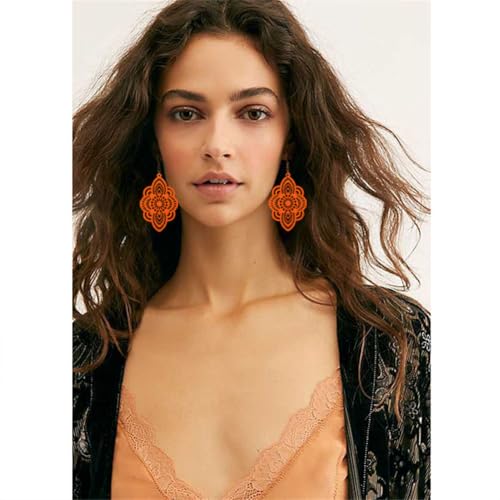 Bohemian Wood Earrings Natural Retro Lightweight Hollow Pattern Geometric Wooden Dangle Drop Earrings Statement Vintage Jewelry - color: Orange