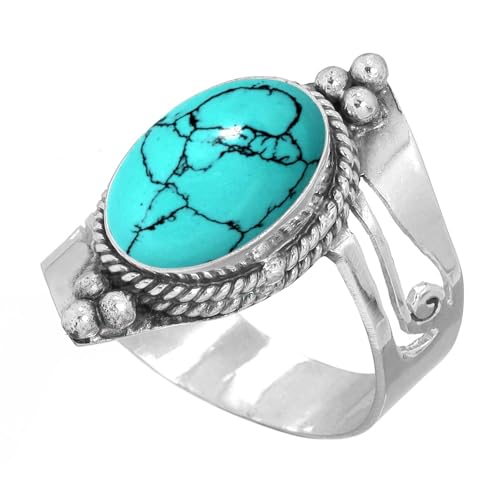 Handmade 925 Sterling Silver Plated Ring Natural Gemstone Carnelian, Rose Quartz, Tiger Eye, Crystal Oval Boho Jewelry For Women - color: Turquoise