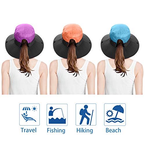 3 Pieces Womens Ponytail Wide Brim Sun Hat Packable UV Protection Beach Cap for Fishing & Hiking - color: Purple＆orange＆sky Blue