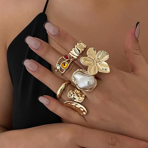 Chunky Gold Rings for Women Non Tarnish Statement Flower Ring Baroque Pearl Stackable Rings Set 6Pcs Chunky Jewelry - color: Gold