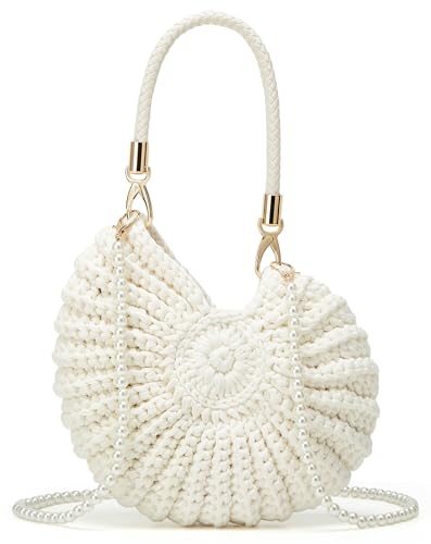 Handmade Crochet Tote Bag Seashell Purse for Women Boho Shell Handbag Crossbody Shoulder Bag Summer Beach Clutch Hobo Handbag - color: Beige