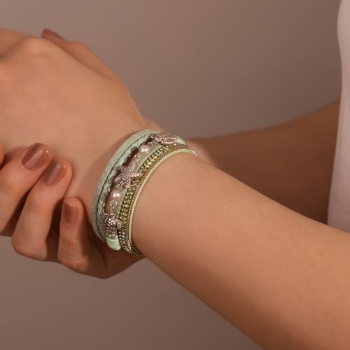 FANCY SHINY Turtle Starfish Leather Wrap Bracelet Boho Rhinestone Pearl Cuff Bracelets for Women Summer Beach Jewelry for Women - color: Green