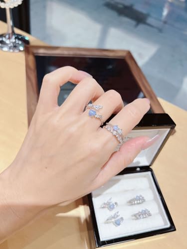 3Pcs Multi-Layered Ocean Blue Rhinestone Heart Flower Rings for Women Teens Gifts Trendy Stuff Boho Stackable Love Silver Ring Set Vintage Crystal Knuckle Stacking Rings Christmas Gifts Stacking Stuffers