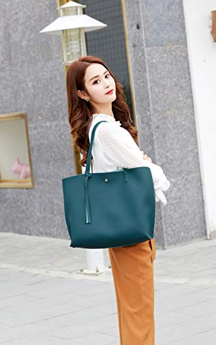 Dreubea Women's Soft Faux Leather Tote Shoulder Bag from, Big Capacity Tassel Handbag - color: Dark Teal