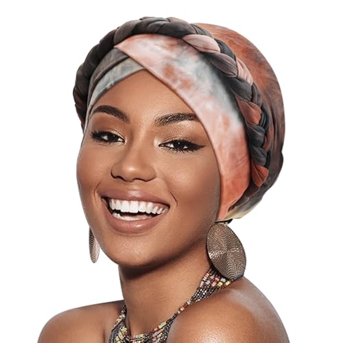 DRESHOW Turban Pre-Tied Twisted Hat Thread African Head Wraps for Black Women Chemo Cancer Cap Braid Hair Cover - color: 1 Pack Tie-dye Gradient: Khaki