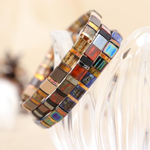 Sonateomber Tila Flat Beaded Stretch Stack Bracelets Set for Women, Trendy Stackable Colorful Glass Square Beads Bracelet Friendship Accessories Jewelry Gift - color: Black Dark Red Gold Blue Gray Pink Brown