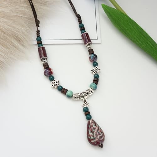 Adjustable Ceramic Beaded Necklace for Women, Boho Handmade Flower Pendant Necklace, Hippie Jewelry for Mom and Wife - color: Deep Green and Red, style: Bohemian