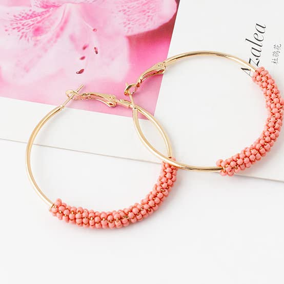 2 Pairs Bohemian Colorful Beads Circle Round Hoop Earrings Gold Hoop Dangle Earrings for Women Vintage Boho Jewelry - color: pink
