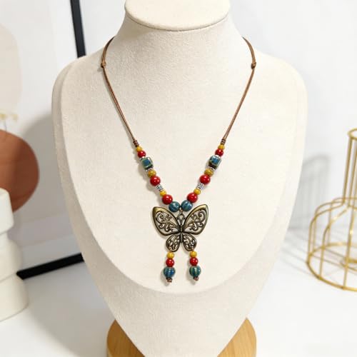 Boho Necklace for Women,Vintage Butterfly Pendant Necklaces,Adjustable Wooden Beads Layered Braided Choker,Fashion Tribal Style Leather Rope Necklace Jewelry,Chunky Statement Gift for Women - color: Colorful1