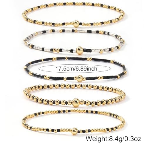 14K Gold Plated Beaded Bracelets Stack Set for Women,Stretch Boho Colorful Beads Ball Jewelry Friendship Summer Trendy - color: Gold Black Beaded