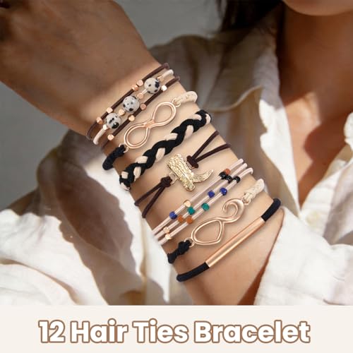 DIYDEC 12pcs Hair Ties Bracelet for Women Boho Braided Hair Ties No Damage Elastic Hair Bracelet Band for Girls Soft Thick Thin Long Curly Hair Accessories(Blackwhite) - color: BlackWhite1