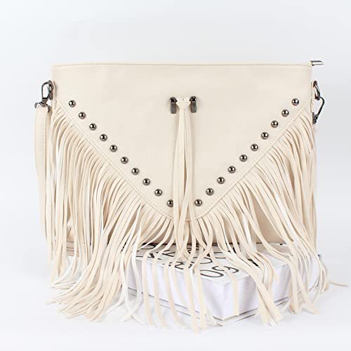 Hoce Women’s Leather Fringe Messenger Bag Large Hobo Crossbody Tassel Shoulder Bags, Gift for Mom Wife Girlfriend - color: Beige