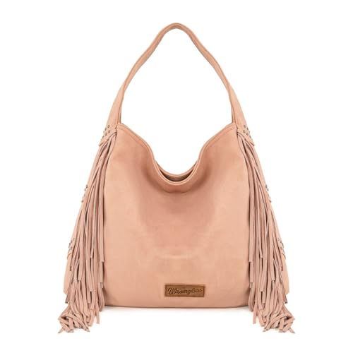 Wrangler Fringe Suede Hobo Bag for Women Leather Western Fringe Purse Tassel Hippie Shoulder Bag - color: Dark Pink