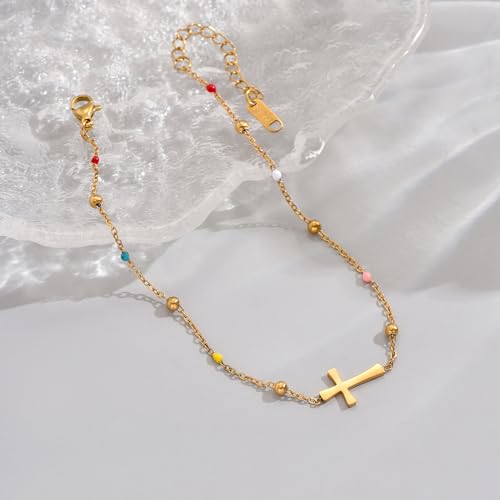 Cross Anklets for Women, 18K Gold Plated Dainty Ankle Bracelets with Colorful Beads Pearl Anklet, Adjustable Religious Christian Satellite Cross Chain, Waterproof Boho Summer Beach Jewelry - style: Colorful Beaded Cross-Gold