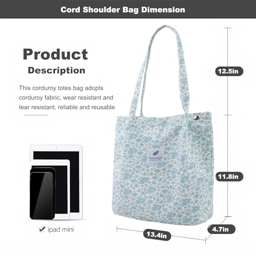 Corduroy Tote Bag for Women Small Canvas Shoulder Purse Cord Handy Bag with Inner Pocket | with Front Pocket - color: 03 Blue Flower