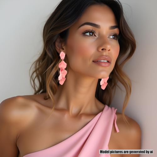 Long Acrylic Rose Petal Earrings Dangle Exaggerated Flower Earrings Drop Statement Floral Tassel Earrings for Women - color: Long Acrylic Rose Petal Earrings-Pink