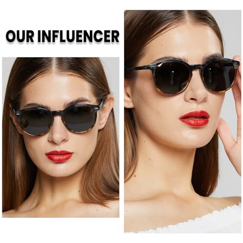 DUCO Women's Trendy Retro Round Acetate Polarized Sunglasses, UV400 99% Glare Block, Lightweight for Daily & Outdoor - color: 6. Black Copper Frame Grey Lens
