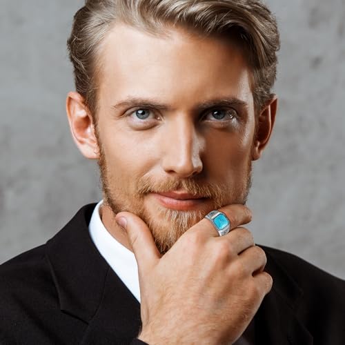 7ct Vintage Teal Turquoise|Emerald|Black Onyx Ring for Men 925 Sterling Silver Men Rings 11mm Square-Cut Mens Cocktail Rings Celtic Pattern Band for Dad Father Size 7-12 - color: Y-Customizable Name-Irish Celtic Knot-Genuine Turquoise