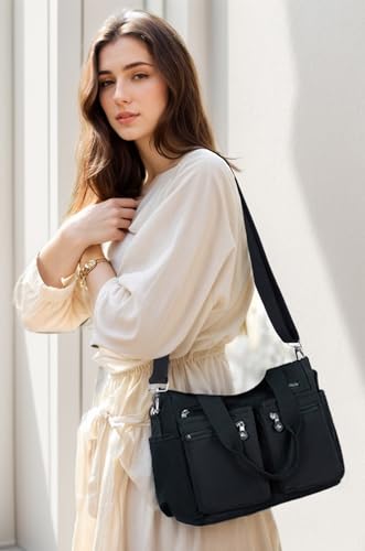 Tote Bag for Women Canvas Handbags for Woman Crossbody Bags with Multiple Pockets - color: Black