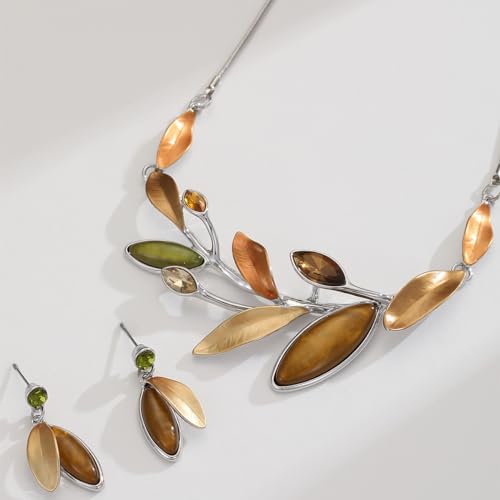 Vintage Chunky Statement Jewelry Set Retro Leaf Floral Geometric Bohemian Boho Bib Necklace Earring Set Fashion Costume Jewelry for Women Girls Wedding Party Prom Unique Gift - style: branch leaf-yellow