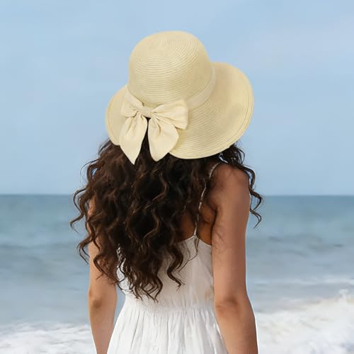 Beach Hats for Women Summer Straw Sun Hats Wide Brim Hat Foldable Packable for Travel Vacation - color: Beige