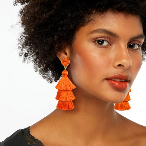 Me&Hz Colorful Layered Tassel Earrings Bohemian Statement Tiered Tassel Big Dangle Drop Earrings for Women Druzy Studs Valentine’s Day Gift - color: Orange