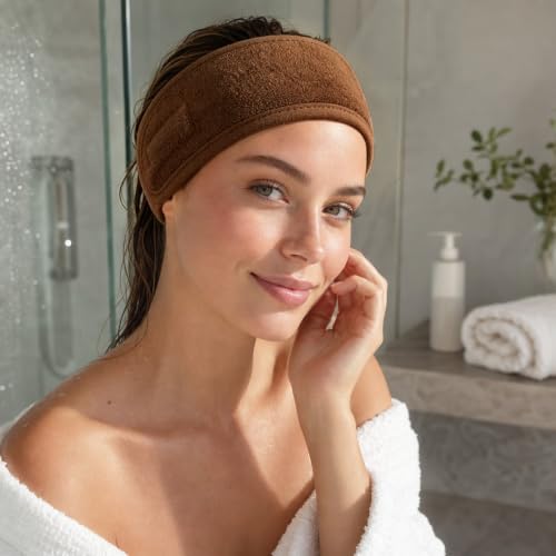 Whaline 4Pcs Spa Facial Headbands Make Up Wrap Head Terry Cloth Headband Soft Adjustable Towel Band for Face Washing Shower Facial Cover Yoga (Coffee) - color: Coffee