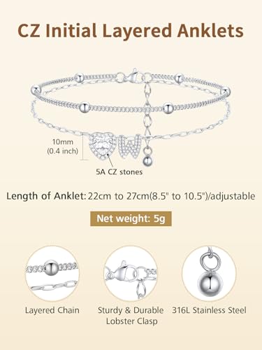 FindChic Silver/14K Gold Plated Layered CZ Initial Ankle Bracelet for Women | Waterproof Stainless Steel, Cubic Zirconia Letter Charm, Non-Tarnish, Hypoallergenic, Adjustable Extender, Summer Jewelry - color: Silver-CZ Heart, size: W