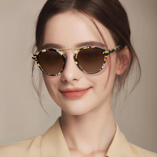 CARFIA Double Bridge Small Acetate Sunglasses for Women Polarized, Retro Metal Brow Ladies Sunnies Fashion Round Eyewears - color: 3. Tortoise Frame Gradient Brown Lens