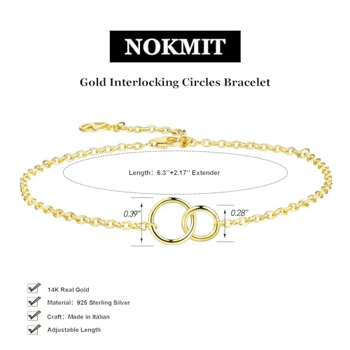 NOKMIT Solid 925 Sterling Silver Bracelets for Women, Dainty Interlocking Circles Cubic Zirconia Adjustable Chain Bracelet, Trendy Stackable Link Bracelets, Simple Cute Jewelry Gifts - color: Gold Interlocking Circles