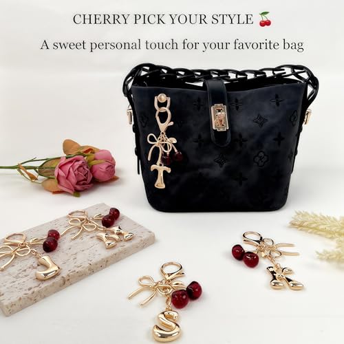 Cute Initial Cherry, Bow, Heart & More Styles - Personalized Keychain Bag Charms & Purse Accessories for Handbags - color: Red Cherry, style: T