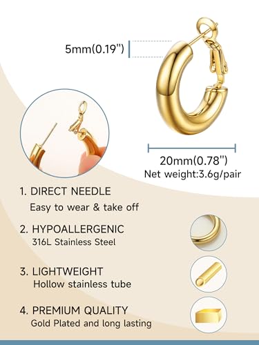 Stainless Steel Chunky Hoop Earrings For Women, Minimalist and Chic, Black/Gold Plated, Round Hoops Earrings Hypoallergenic, Size: 30mm/40mm/60mm/80mm, Come with Box - color: 1. Gold, size: 20MM