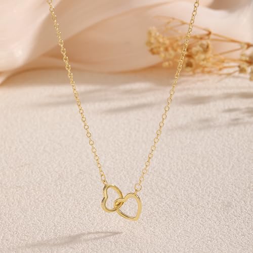 Heart Necklace for Women Dainty 14K Gold/Silver Plated Love Charm Pendant Choker Adjustable Chain Meaningful Cute Jewelry Gift for Her Wife Best Friend Couple - style: Double Heart-GD