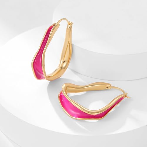 Chunky Hoop Earrings for Women Thick Minimalist Geometric Huggie Hoop Earrings Dainty Thick Y2K Preppy Earrings - style: irregular wave hot pink