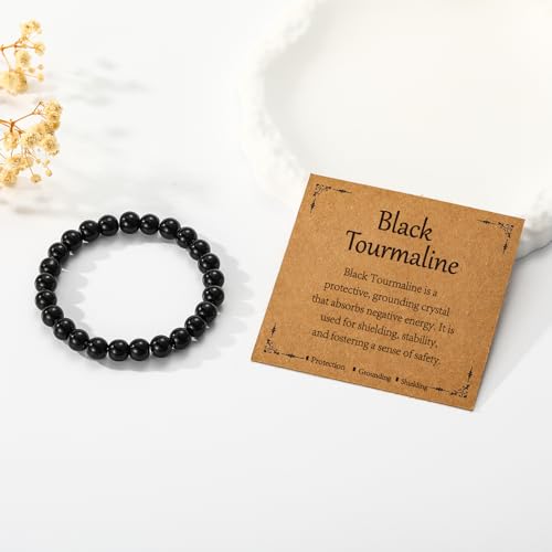 Gnamy Healing Crystal Bracelet for Women, Natural Stone Beaded Healing Crystal Bracelet Triple Protection Stress Relief Beads Jewelry Birthday Gifts Jewelry for Her - style: Black Tourmaline