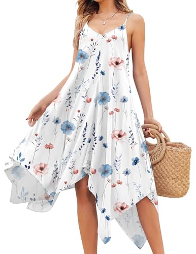 Chigant Women's 2026 Summer Dress Casual Boho Sundress Spaghetti Strap Swimwear Cover Up Beach Flowy Midi Vacation Dresses - color: Blue Khaki Floral, size: X-Large