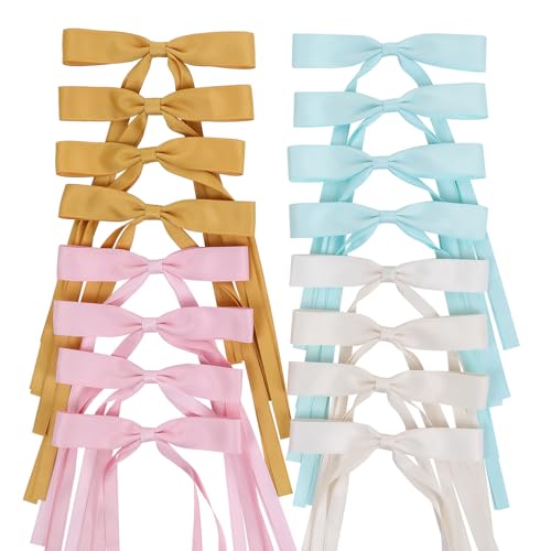 WORTL Hair Bows Clips Coquette Ribbon Bowknot with Long Tail Princess Hair Bows French Barrettes Hair Accessories for Women Girls 16PCS (Pink, Yellow, Cream, Aquamarine) - color: Pink, Yellow, Cream, Aquamarine