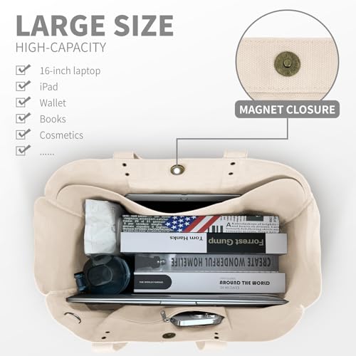 HOMESPON Large Canvas Tote Bag for Women Everything Bag with Pockets and Laptop Sleeve - color: Beige