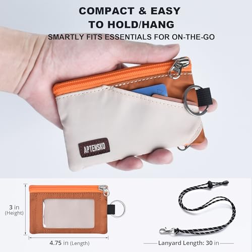 RFID Blocking Travel Wallet with Adjustable Lanyard, Small Nylon Zipper Pouch and Badge Holder for ID, Credit Cards, Cash, Keys, Commuters (Almond+Rust) - color: Almond+Rust